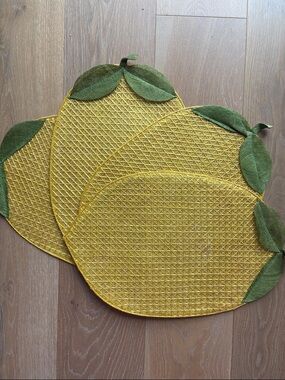 Lemon Placemats Woven Yellow Green Leaves Set of 4 Vintage